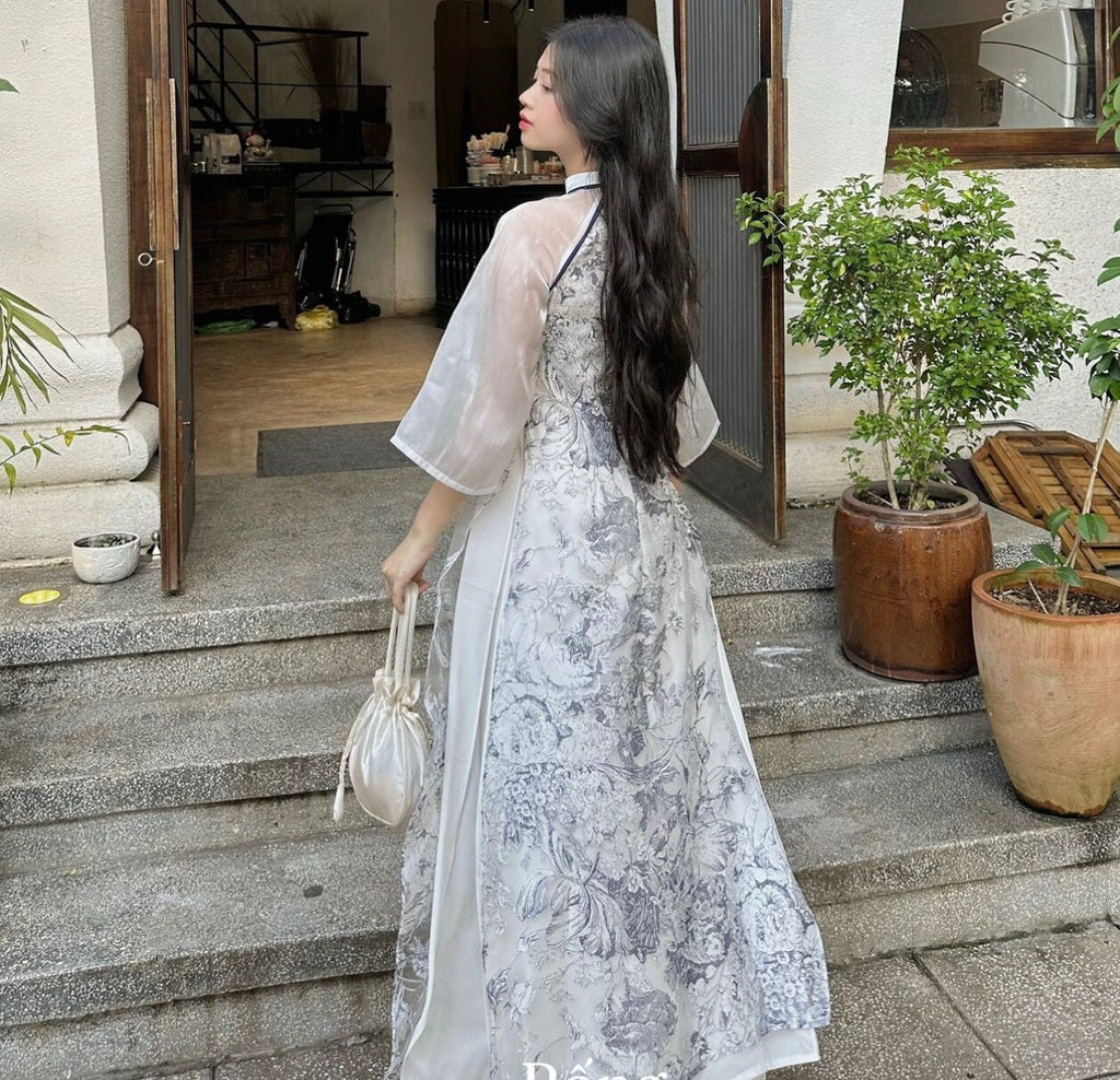 Vietnamese navy blue aodai floral, pants included