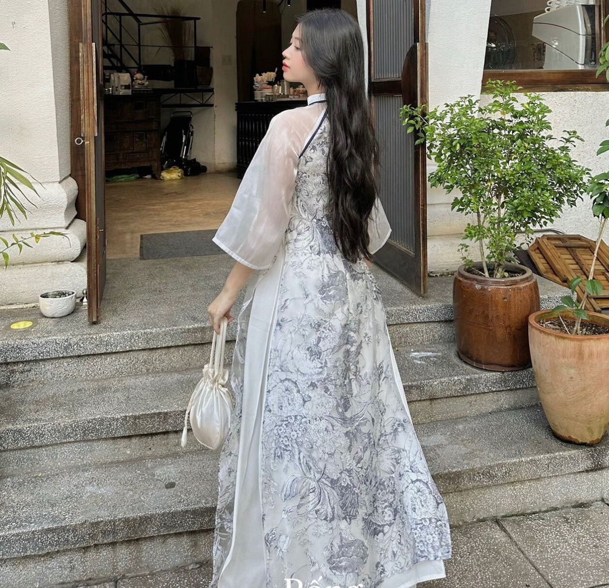 Vietnamese navy blue aodai floral, pants included