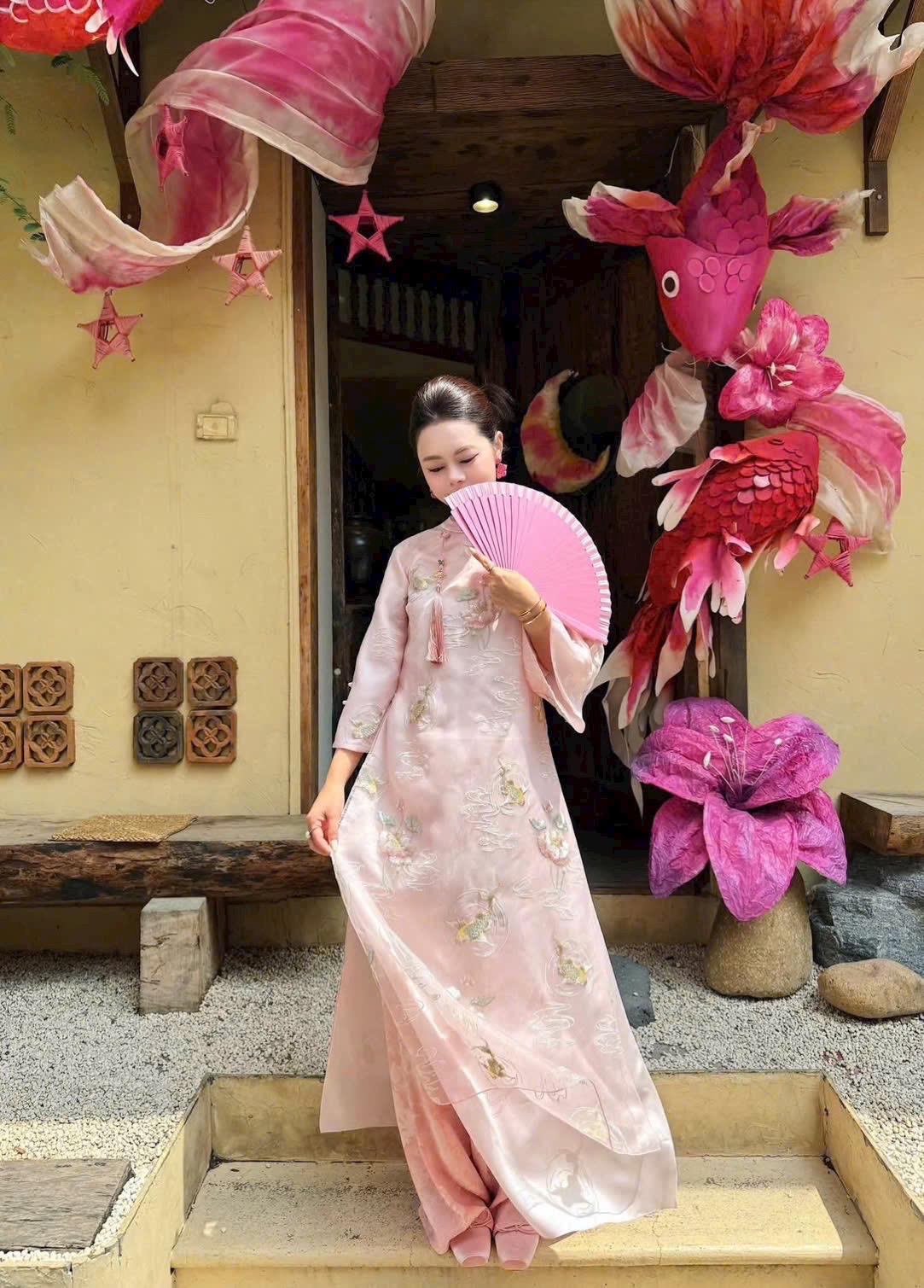 Vietnamese ao dai embroiled NguSen pink design aodai, pants included