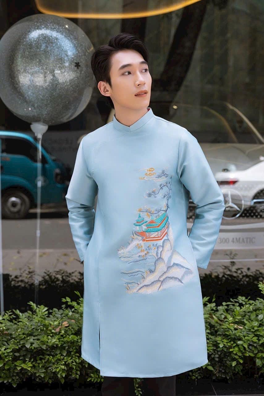 Temly Vietnamese aodai for men blue/ nude