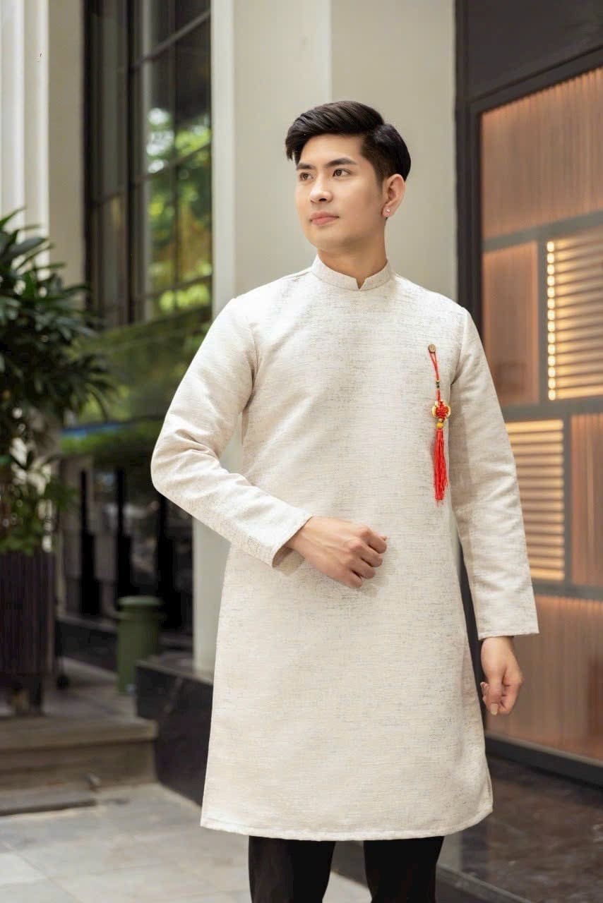 Vietnamese aodai for men Taffeta Soi white and red