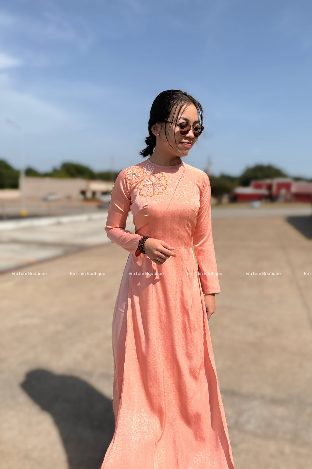 DaoLy Vietnamese aodai beaded floral peach, pants included