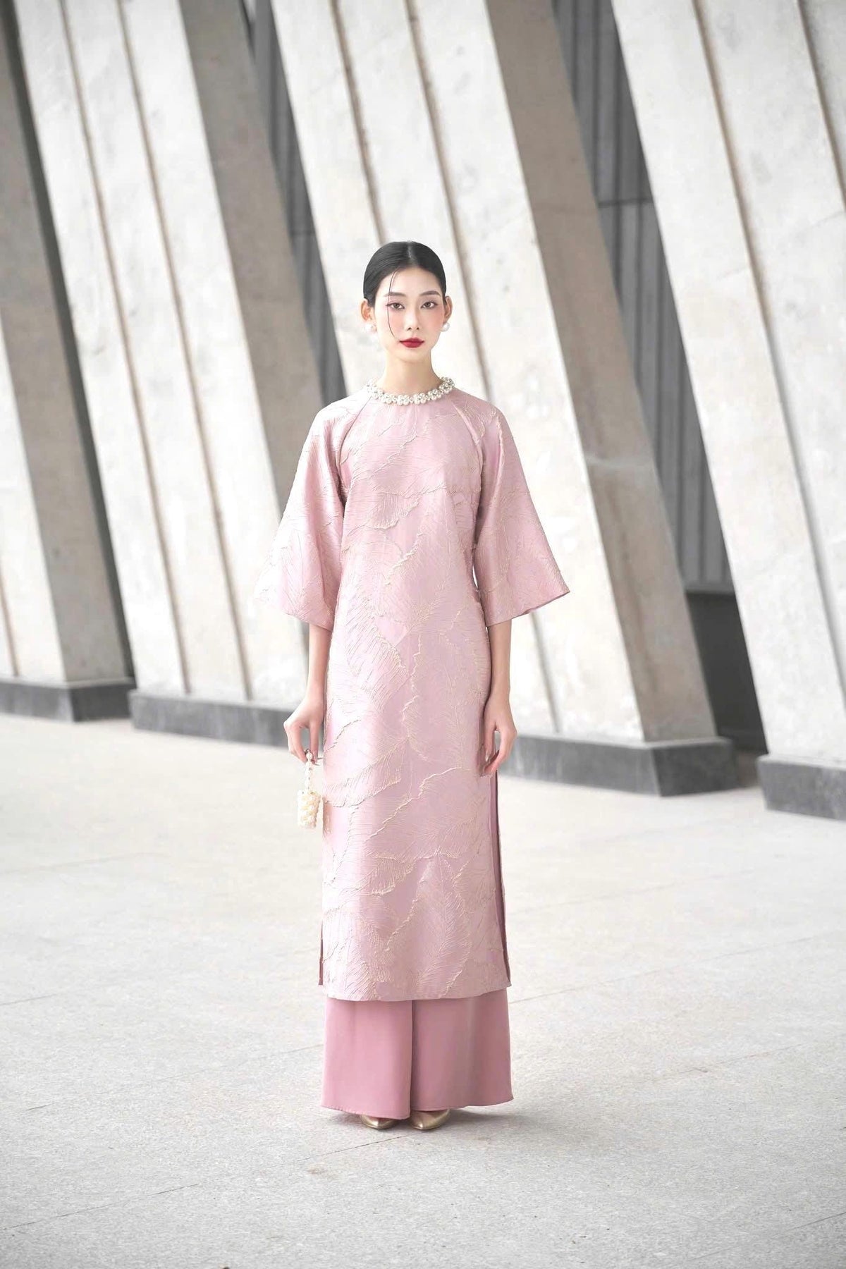 Vietnamese ao dai loose style 3D embossed leaves pink or maroon with pearl neckline , pants included