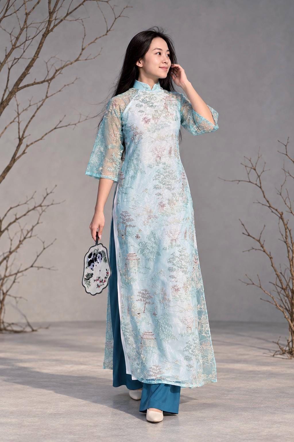 ThuyMy Vietnamese aodai blue organza, pants included