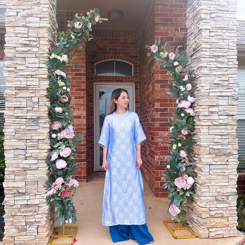 Vietnamese Aodai lụa tơ tằm Biec blue, luxury Mulberry silk ao dai, pants included
