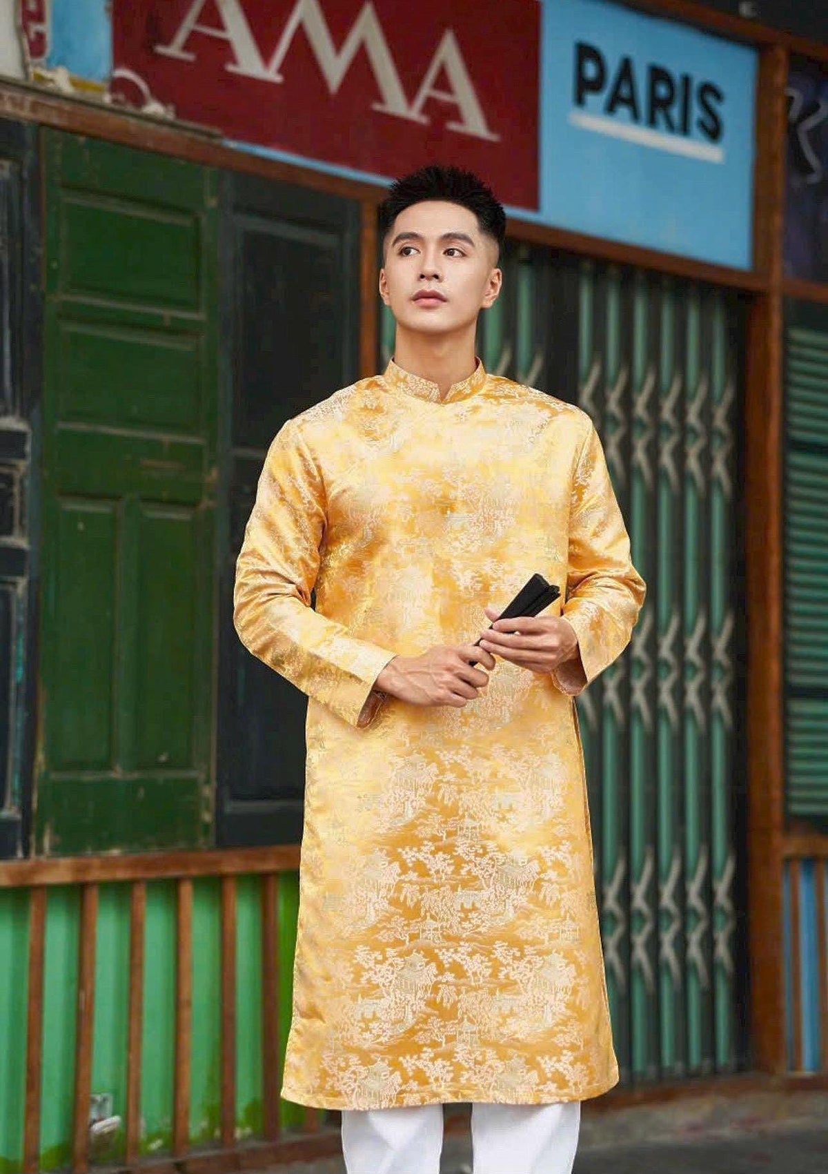 ThuyMac Vietnamese aodai for men tafta red, golden, black, cream