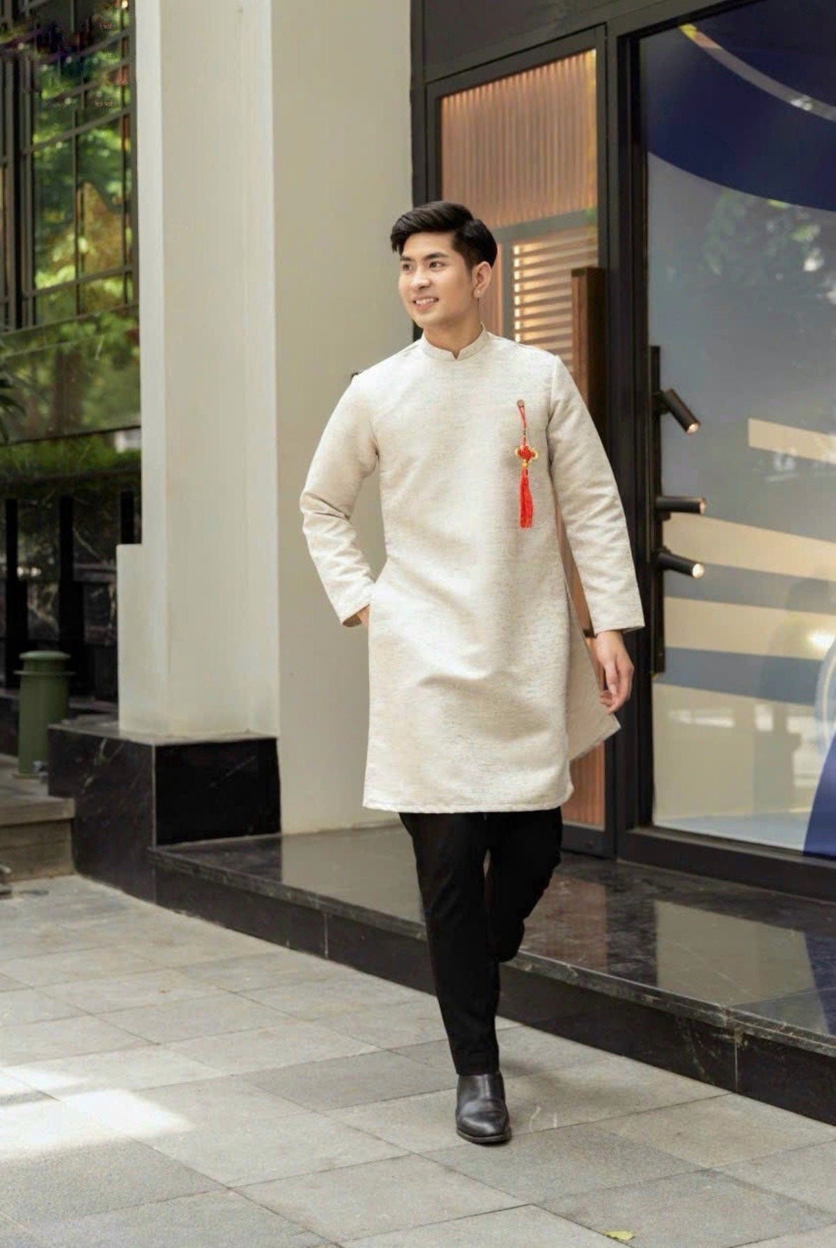 Vietnamese aodai for men Taffeta Soi white and red