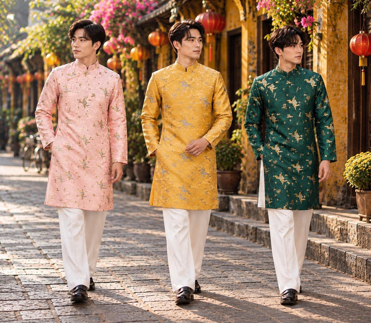 HyMay Men Vietnamese aodai pink, yellow, green