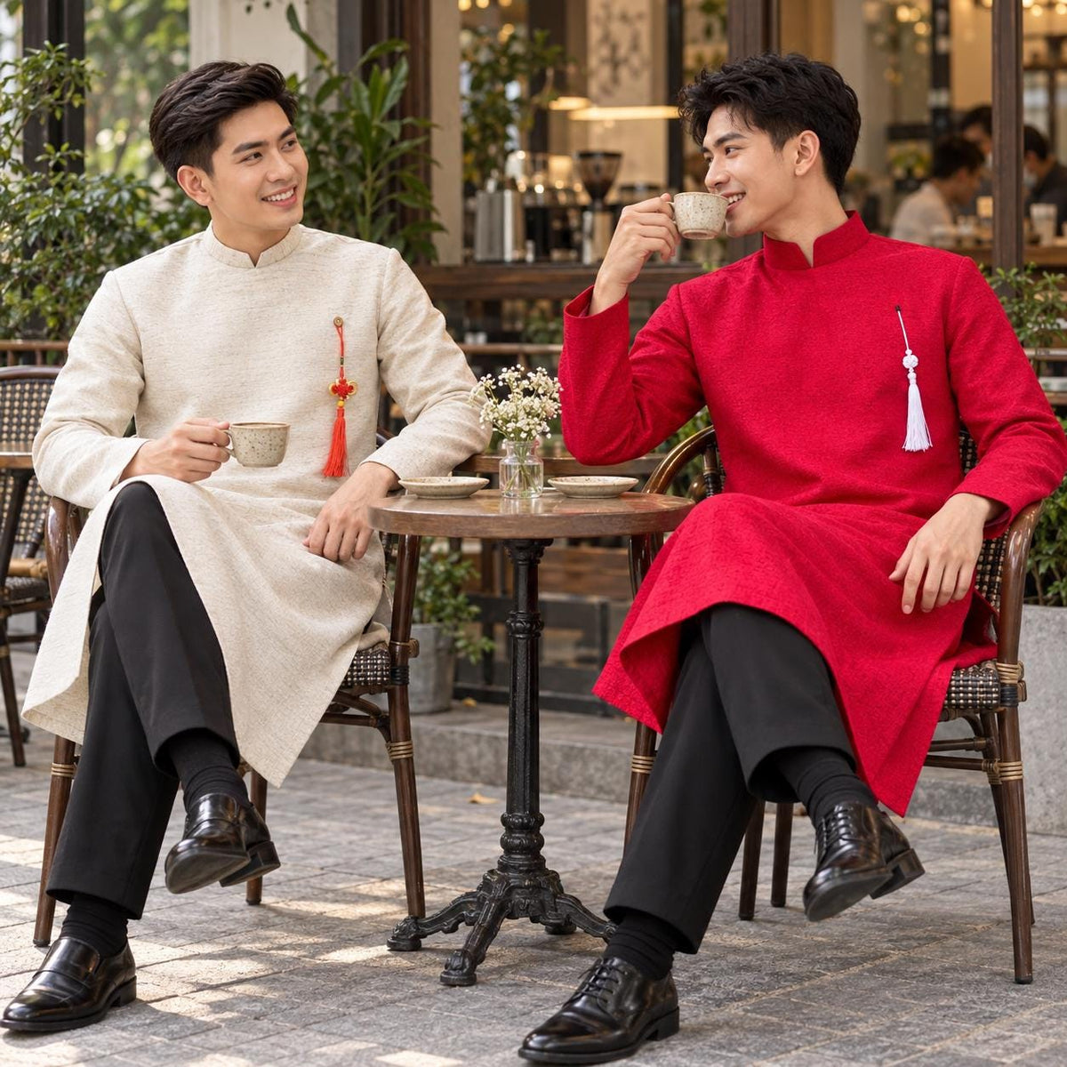 Vietnamese aodai for men Taffeta Soi white and red