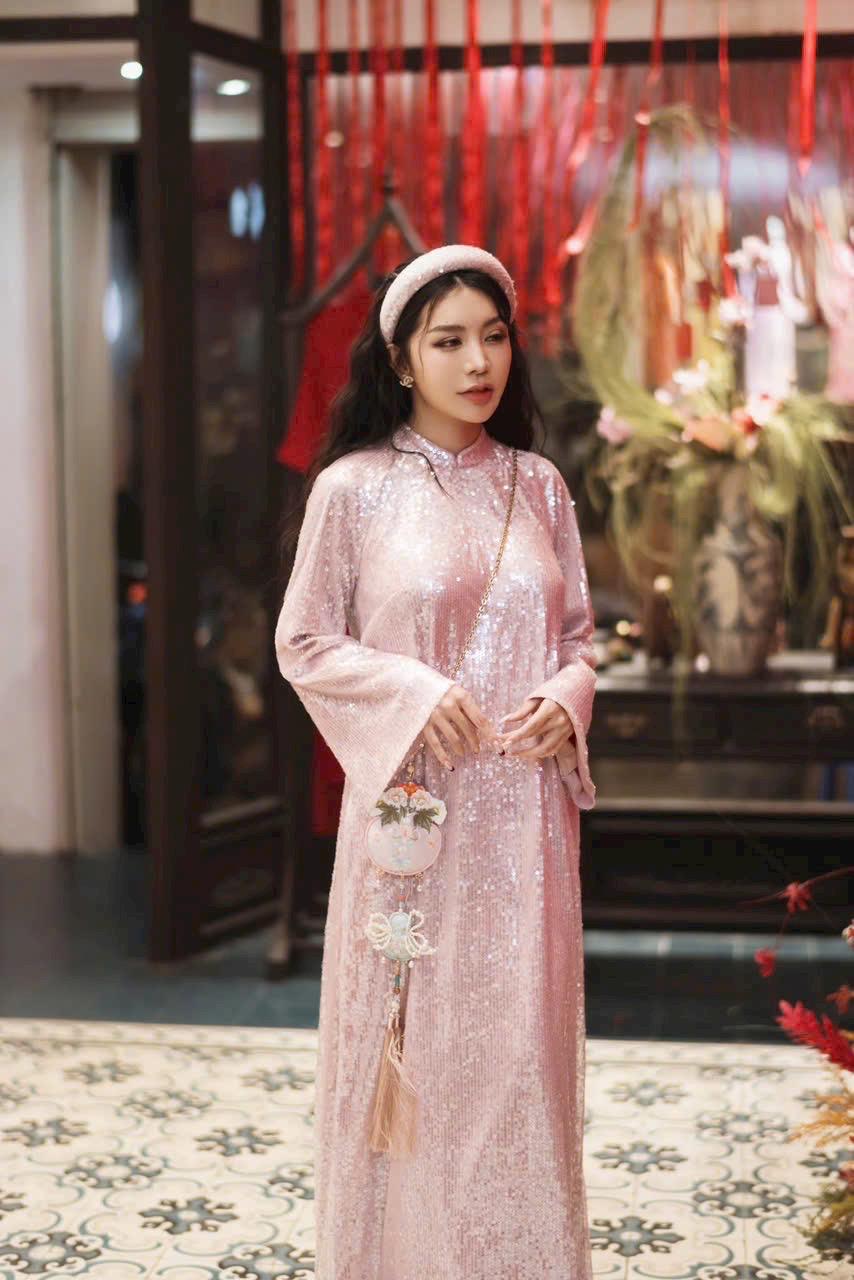 KimSa Vietnamese ao dai pure white/ red/ pink/ blue embroidery sequins silk aodai , pants included