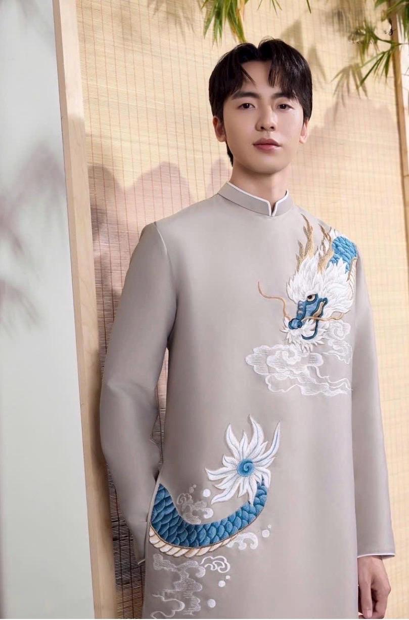 Vietnamese aodai for men embroided dragon grey/ red/ blue ao dai gam taffeta