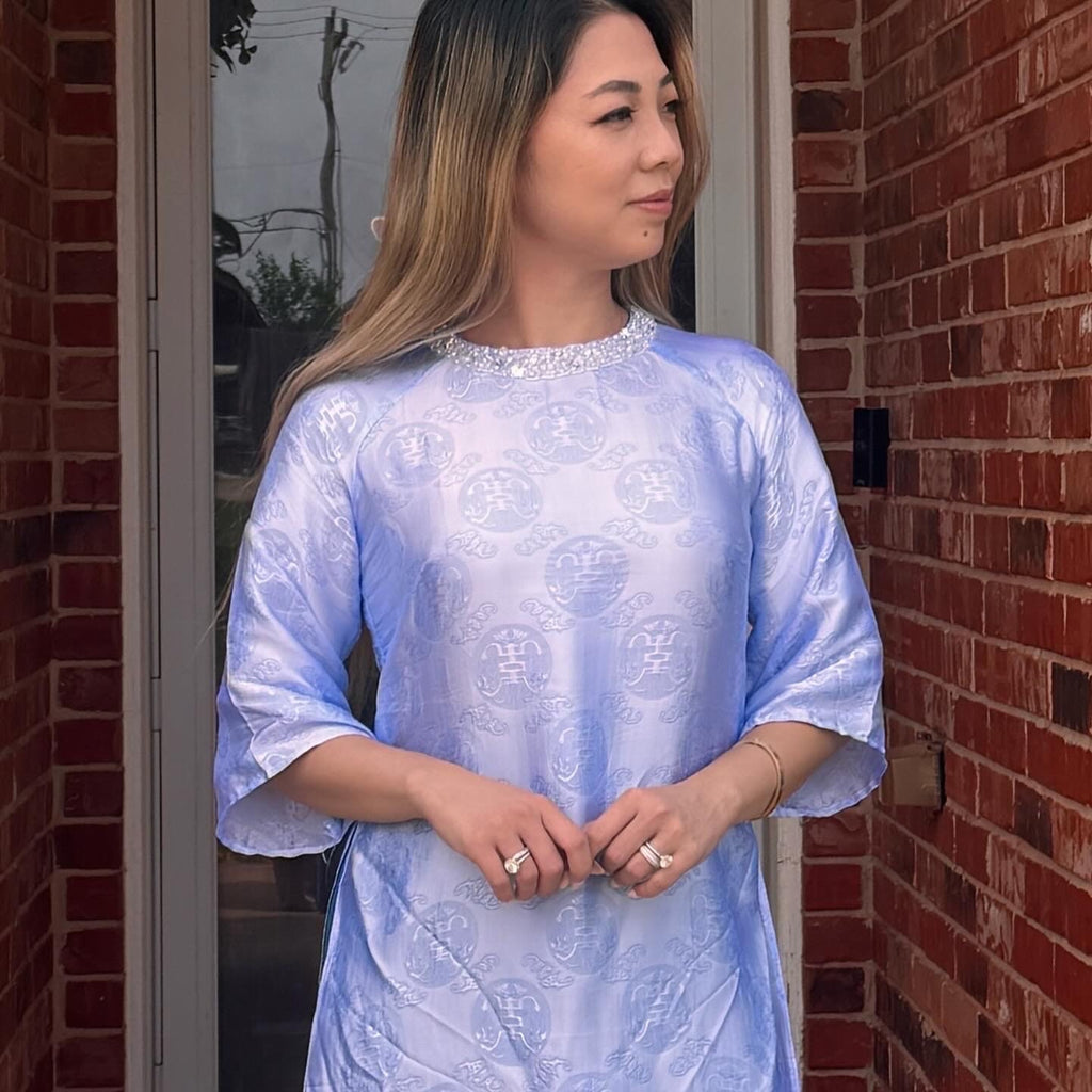 Vietnamese Aodai lụa tơ tằm Biec blue, luxury Mulberry silk ao dai, pants included