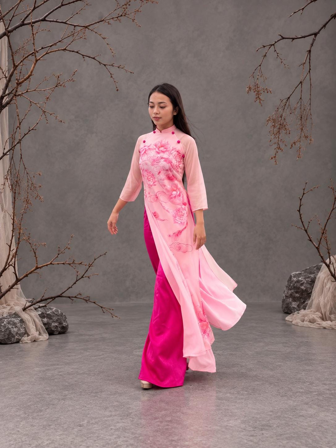 Vietnamese ao dai lotus pink, pants included