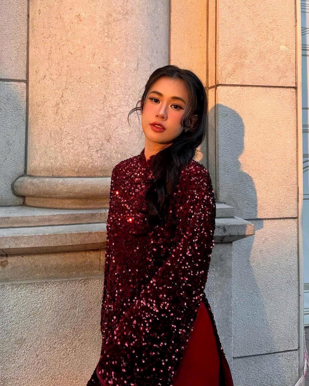 Vietnamese ao dai KimSa velvet embroidery dark red/ pink and cream sequins silk aodai , pants included