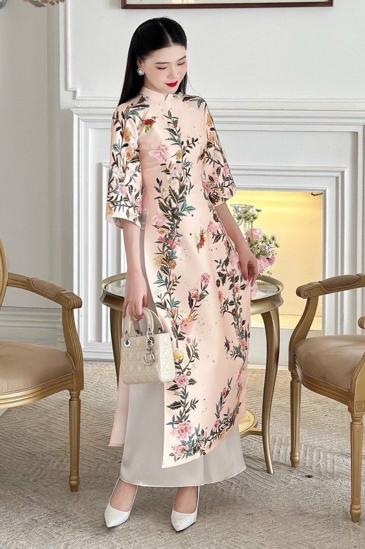 XuanVien Vietnamese ao dai cream nude, pants included