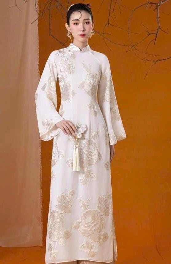 Vietnamese ao dai GoldHoaHong imprint 3D texture with gold aodai white traditional style, pants included