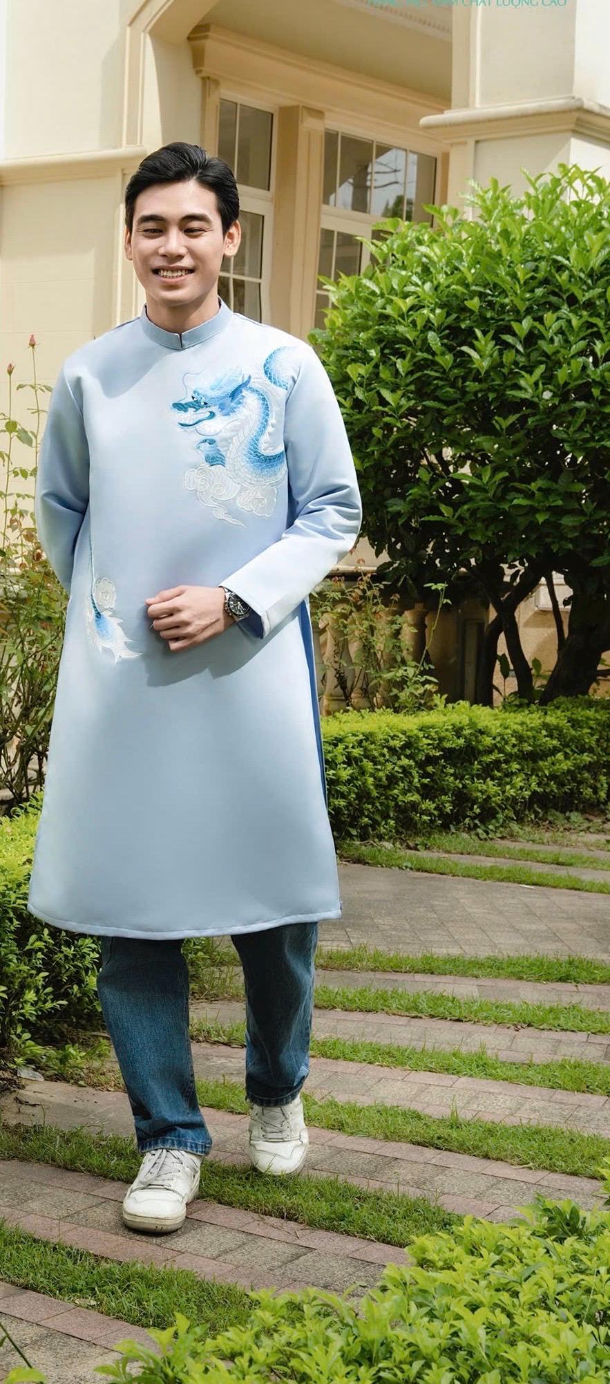 Vietnamese aodai for men embroided dragon grey/ red/ blue ao dai gam taffeta