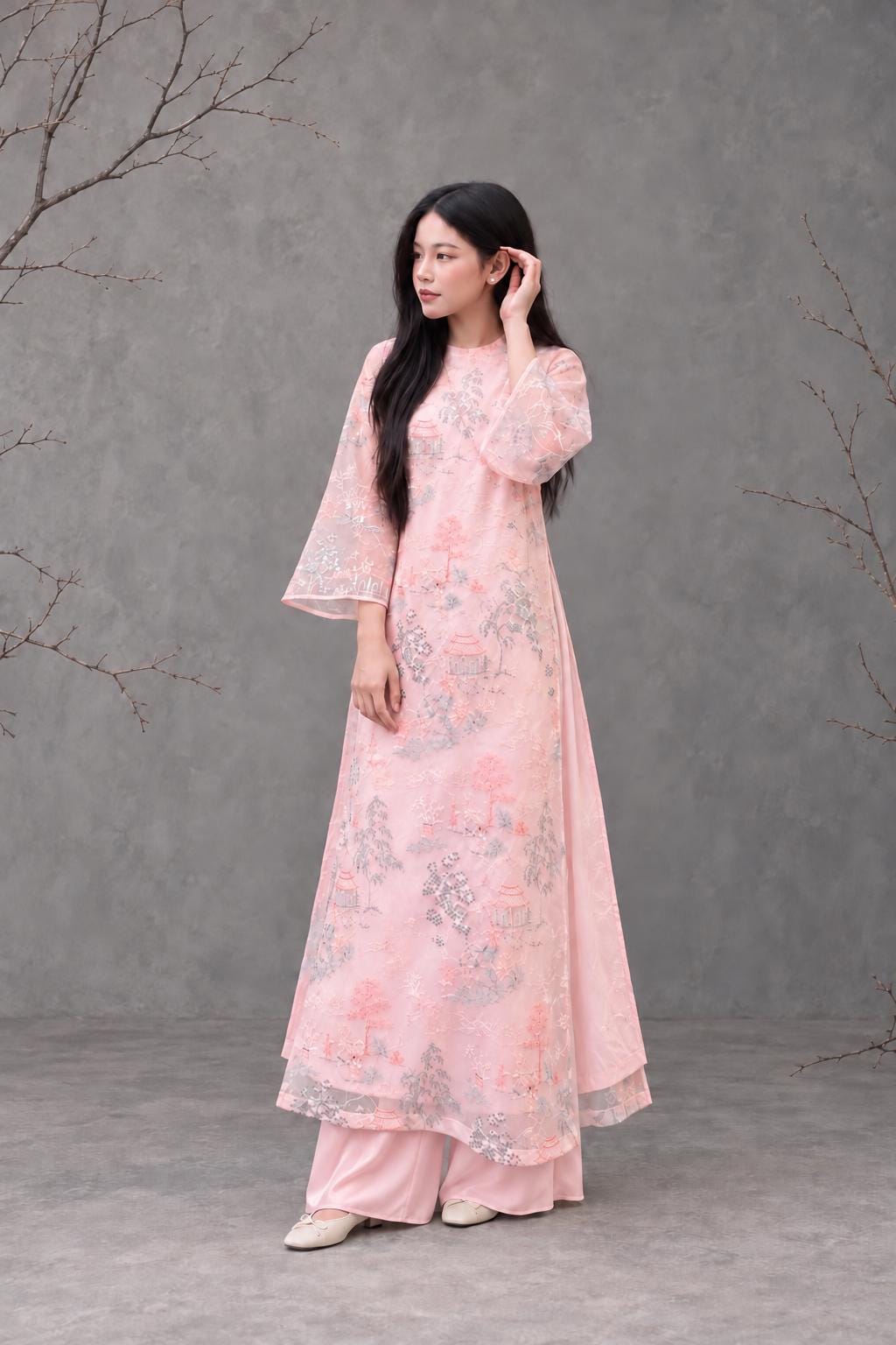 Vietnamese aodai ThuyMac pinknude, pants included