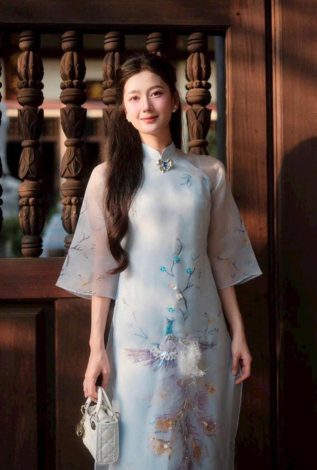 LamDong Vietnamese ao dai blue, brooch and pants included