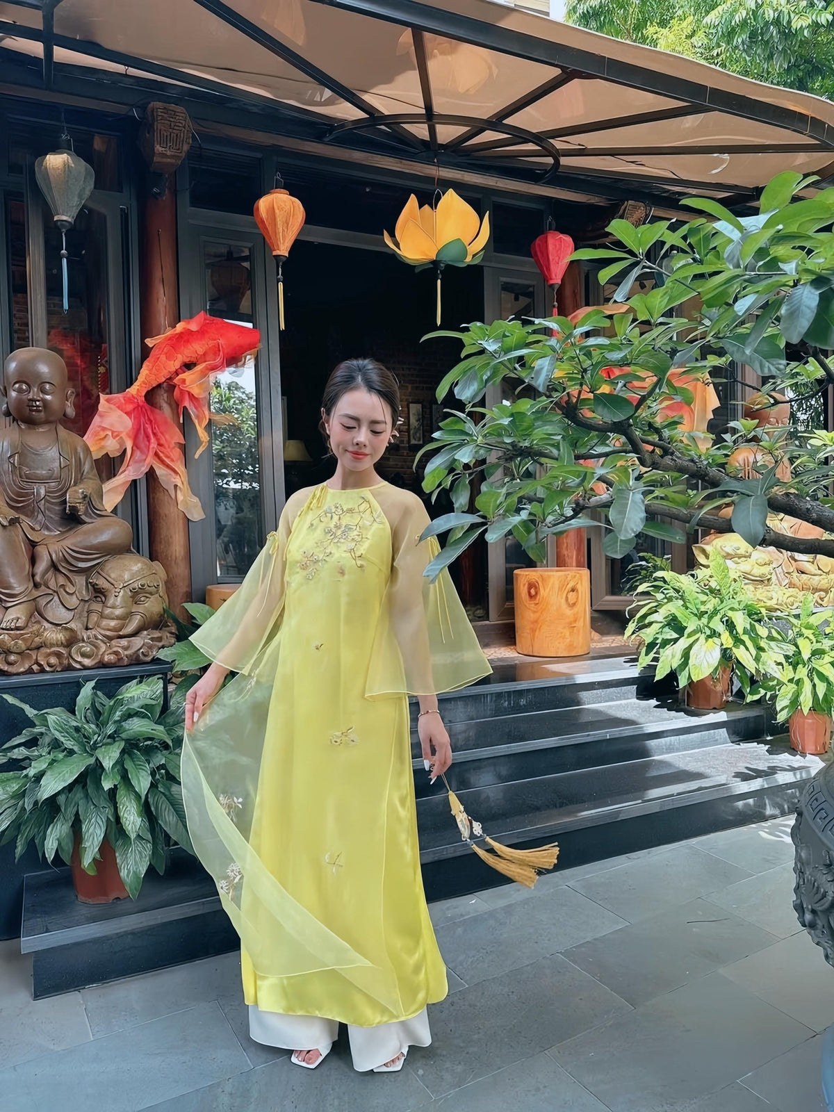 Vietnamese ao dai Linny embroidery yellow aodai , pants included