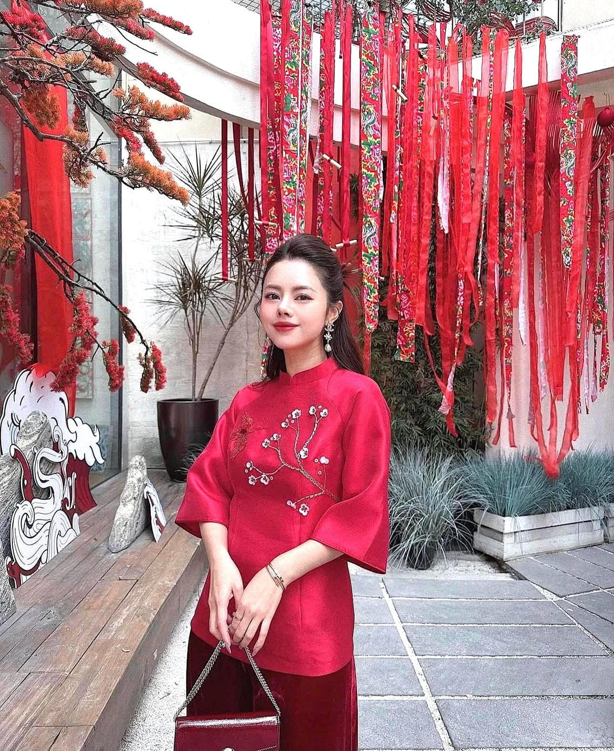 Set of Vietnamese Phap phuc red embroidery and beaded, velvet pants included