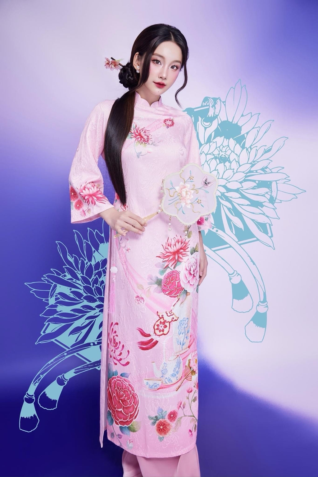 HongCuc Vietnamese ao dai pink, pants included