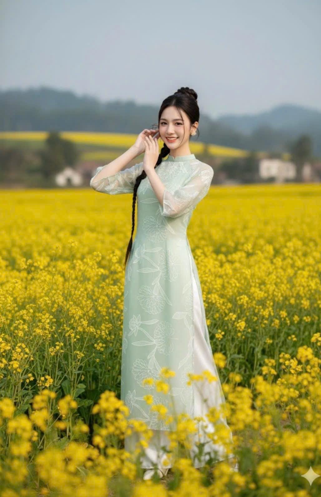 NgocHa Vietnamese ao dai embroidery mint green, pants included