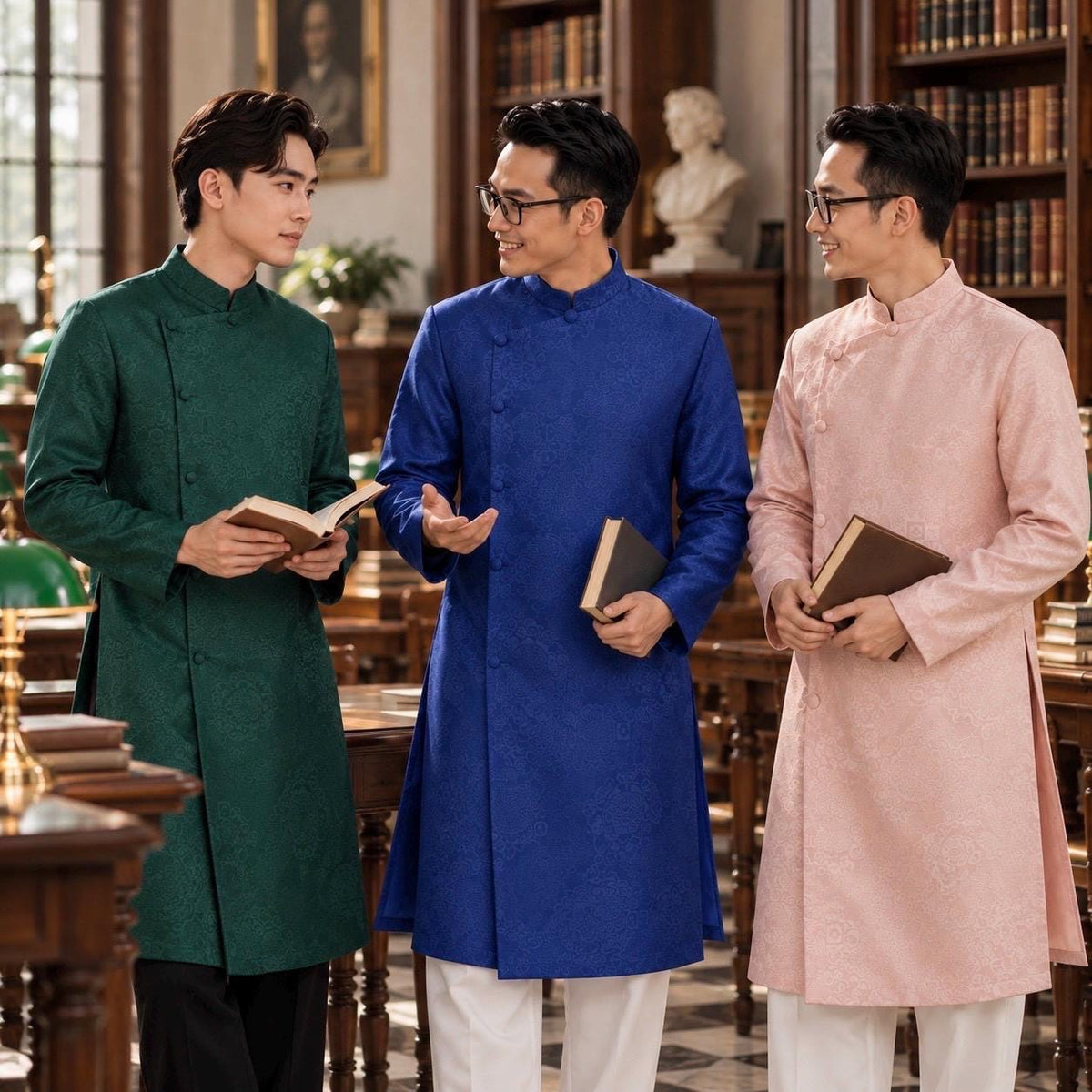 GamHoa Vietnamese aodai for men imprint ao dai pink, blue, green