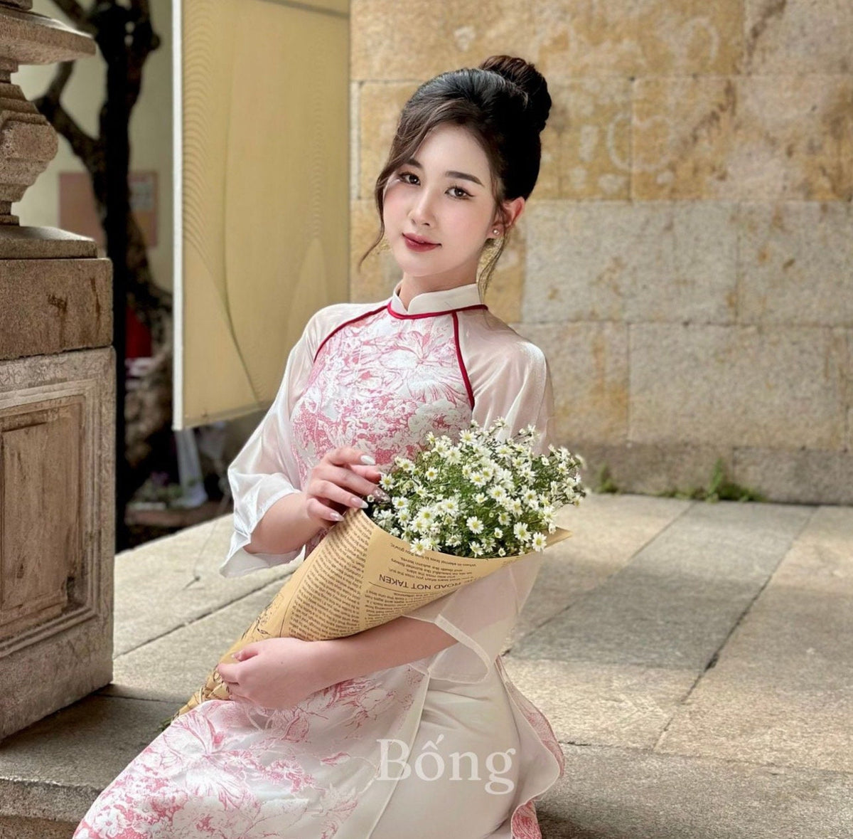 Vietnamese aodai VyLan pink red, pants included