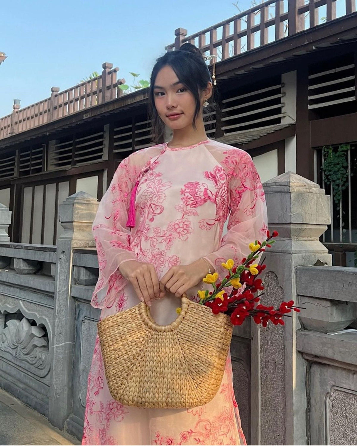 Vietnamese ao dai KyLan pink loose style, pants included