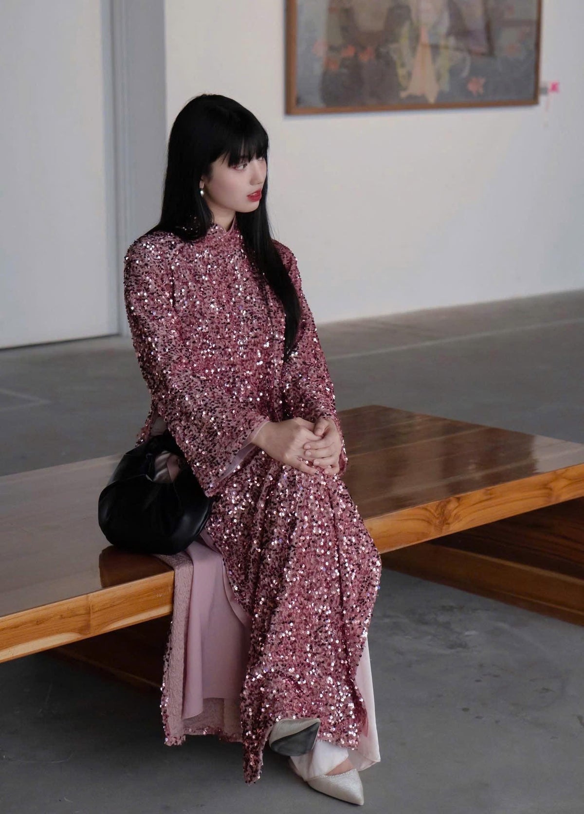 Vietnamese ao dai KimSa velvet embroidery dark red/ pink and cream sequins silk aodai , pants included