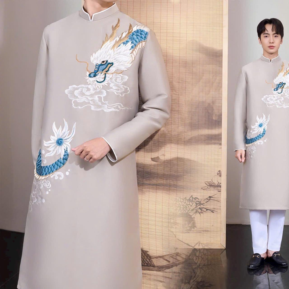 Vietnamese aodai for men embroided dragon grey/ red/ blue ao dai gam taffeta