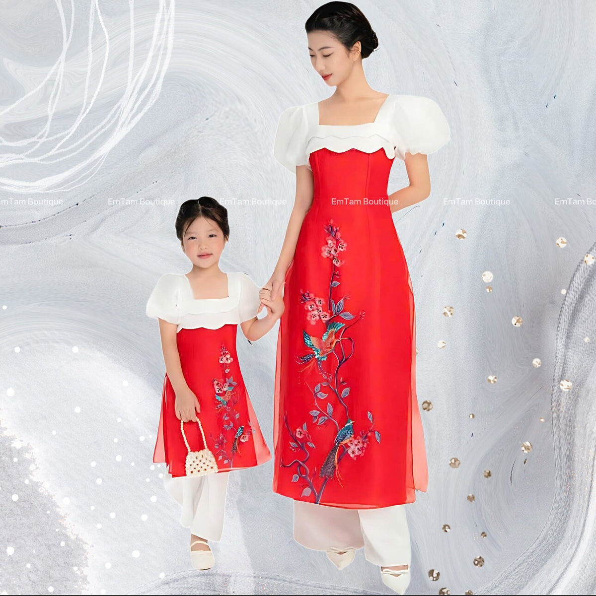 Tamy Vietnamese aodai red beaded, pants included