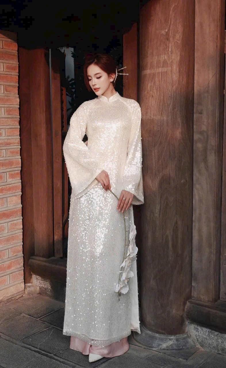 KimSa Vietnamese ao dai pure white/ red/ pink/ blue embroidery sequins silk aodai , pants included