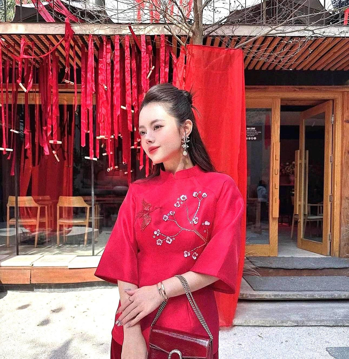 Set of Vietnamese Phap phuc red embroidery and beaded, velvet pants included