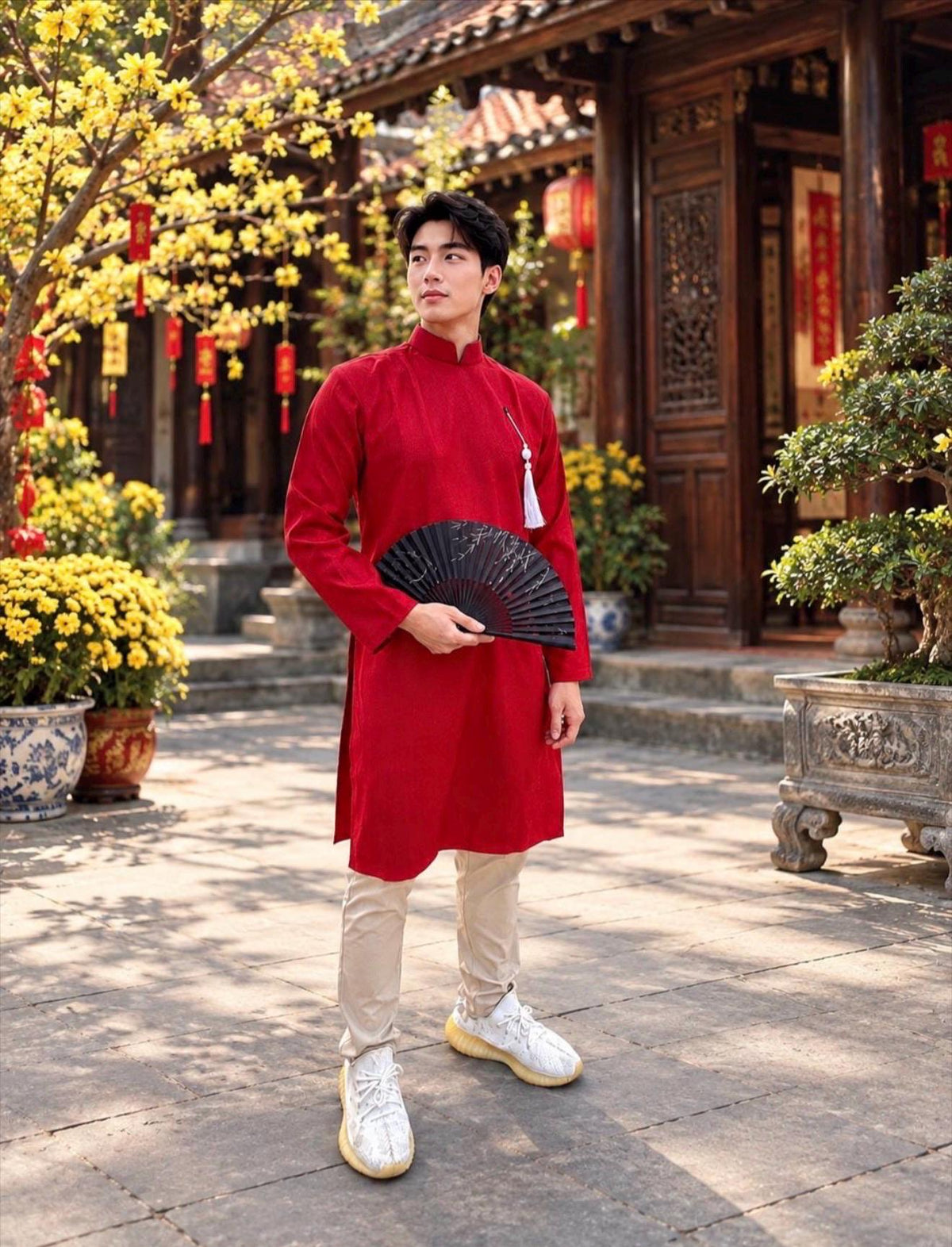 Vietnamese aodai for men Taffeta Soi white and red