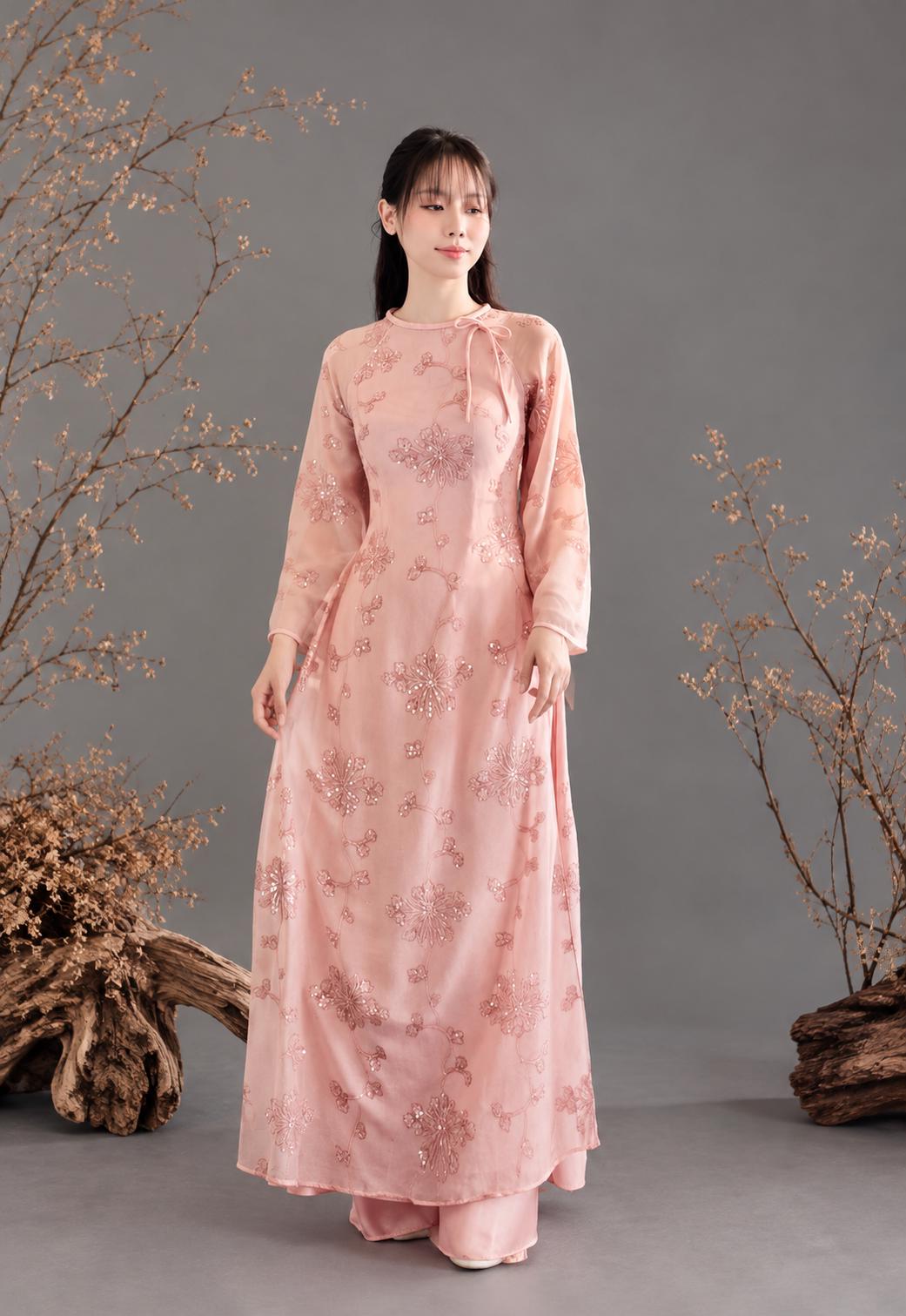 Cheryl Vietnamese ao dai pink sequins, pants included