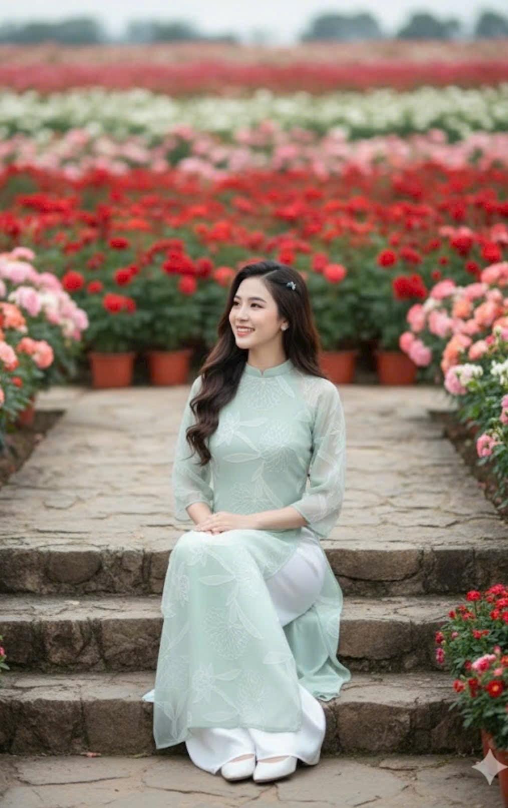 NgocHa Vietnamese ao dai embroidery mint green, pants included