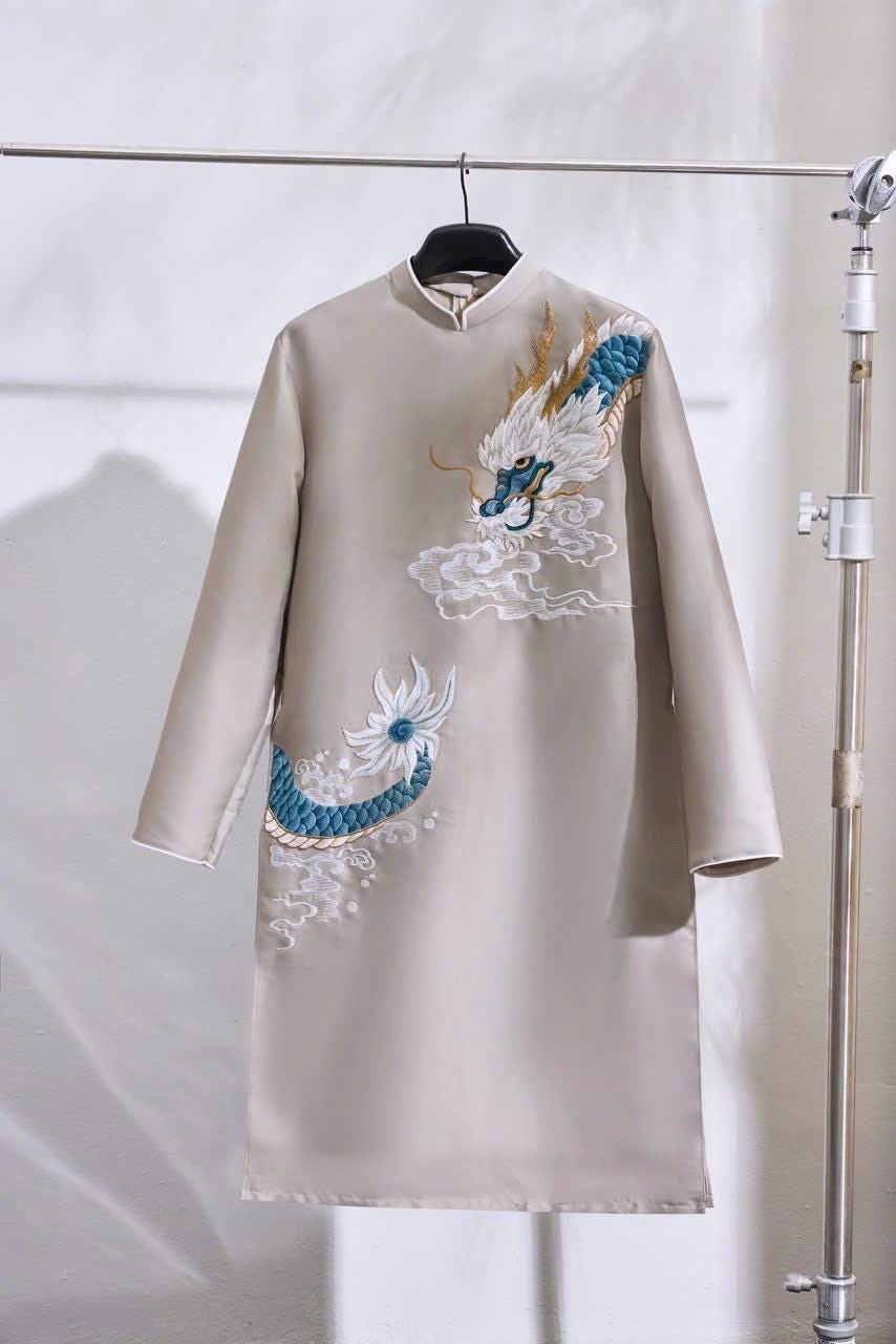 Vietnamese aodai for men embroided dragon grey/ red/ blue ao dai gam taffeta