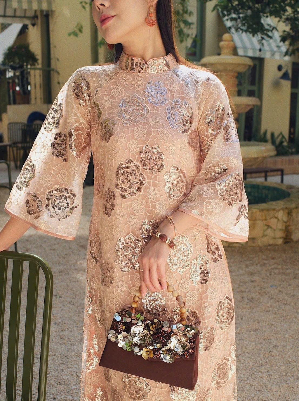 Flora Vietnamese ao dai brown sequins, pants included