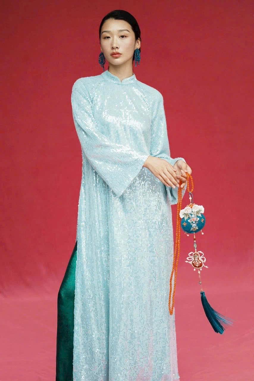 KimSa Vietnamese ao dai pure white/ red/ pink/ blue embroidery sequins silk aodai , pants included