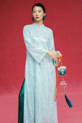 KimSa Vietnamese ao dai pure white/ red/ pink/ blue embroidery sequins silk aodai , pants included