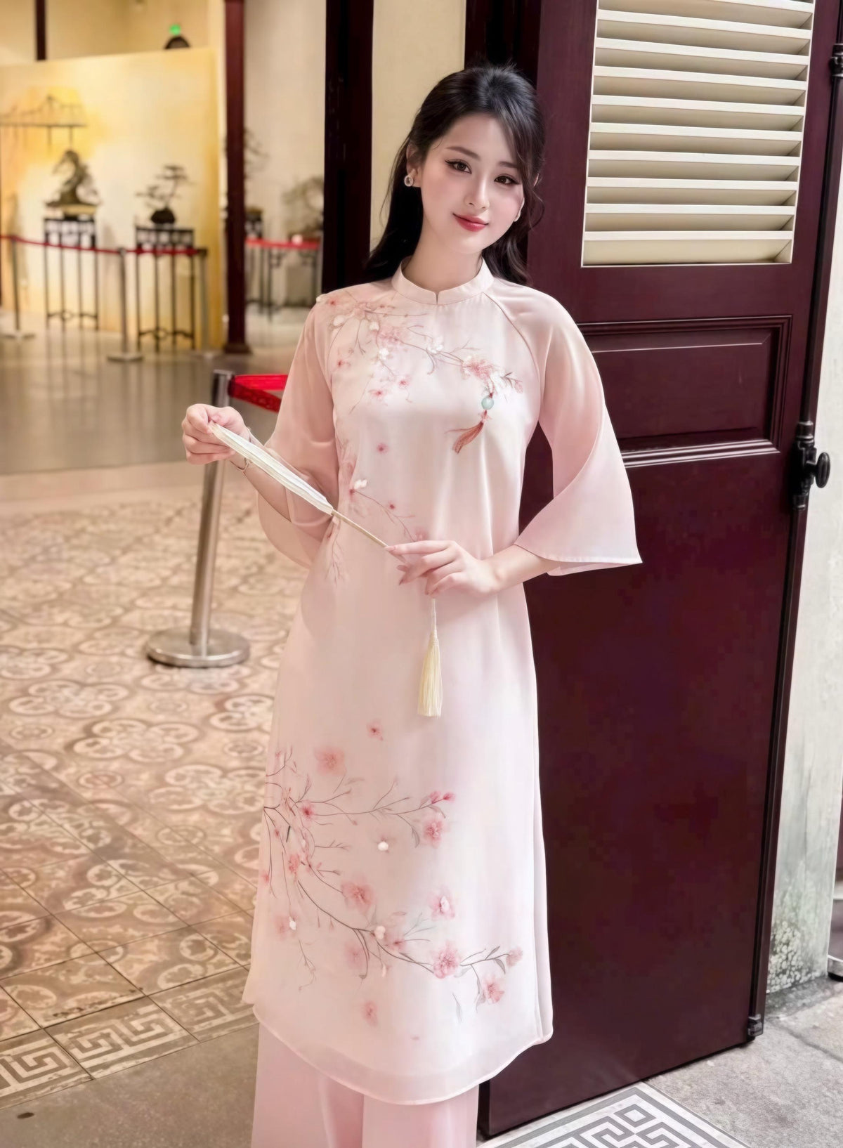 DieuHoa Vietnamese ao dai beaded pink, pants included