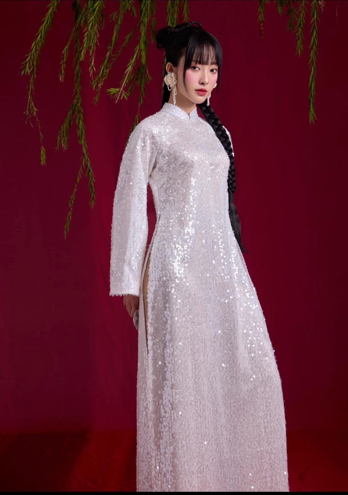 KimSa Vietnamese ao dai pure white/ red/ pink/ blue embroidery sequins silk aodai , pants included