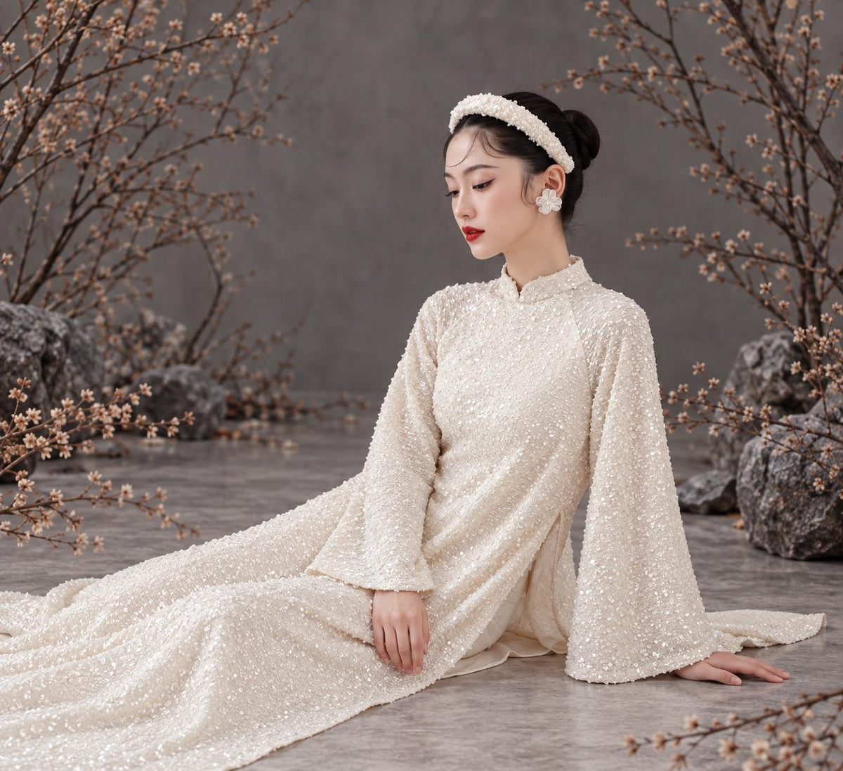 Vietnamese ao dai KimSa velvet embroidery dark red/ pink and cream sequins silk aodai , pants included