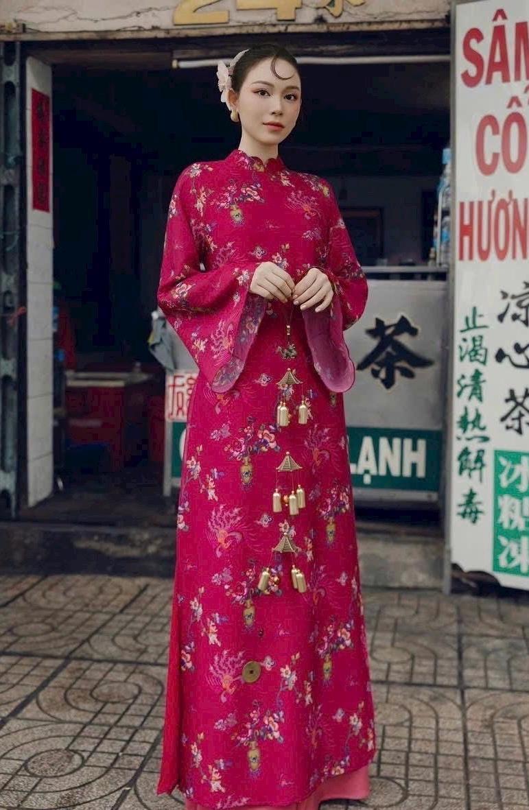 Vietnamese ao dai Lilam fushia printed aodai, pants included