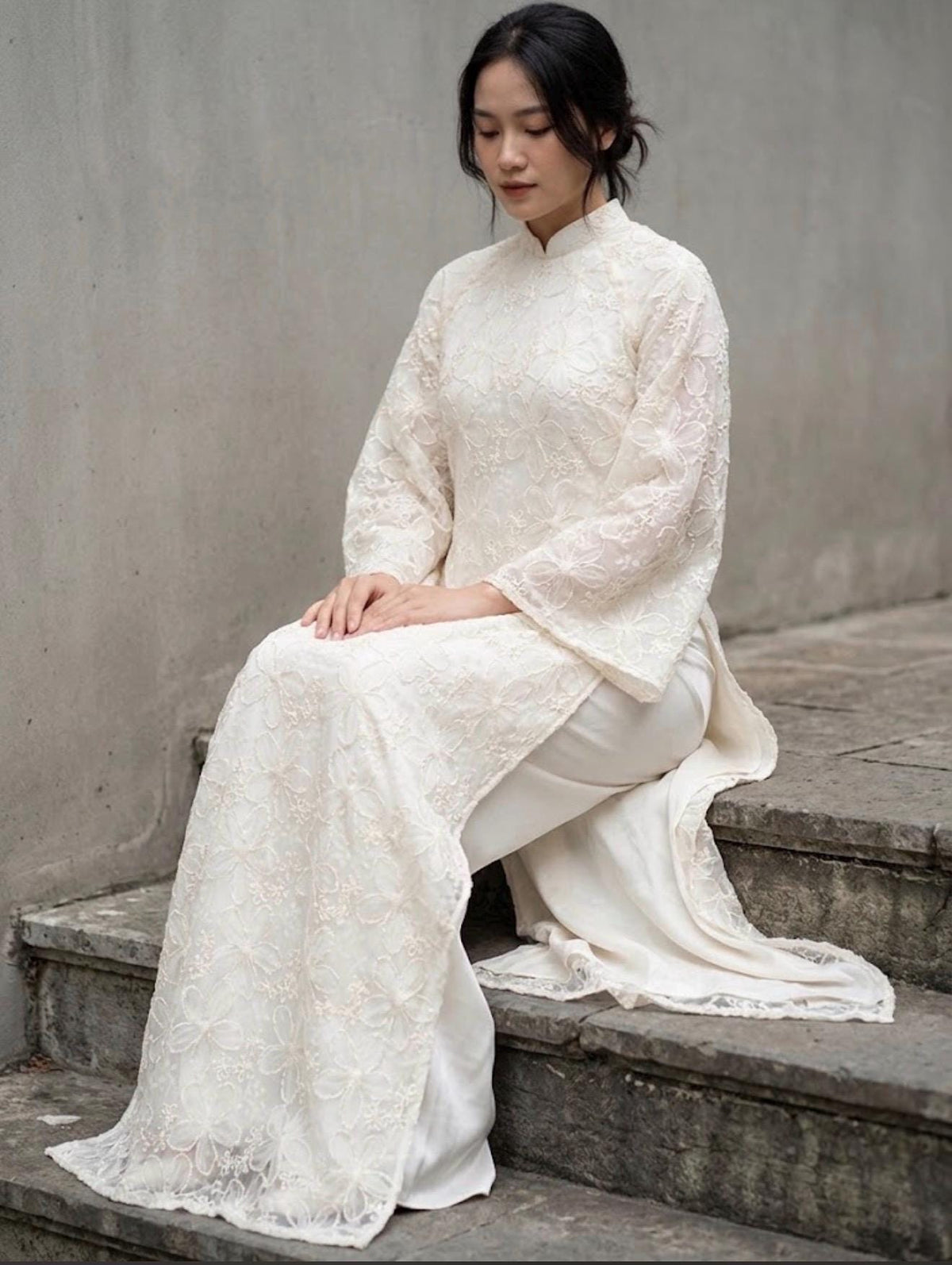 NhuHien Vietnamese aodai 3d floral in pink, creamy white or mint, pants included