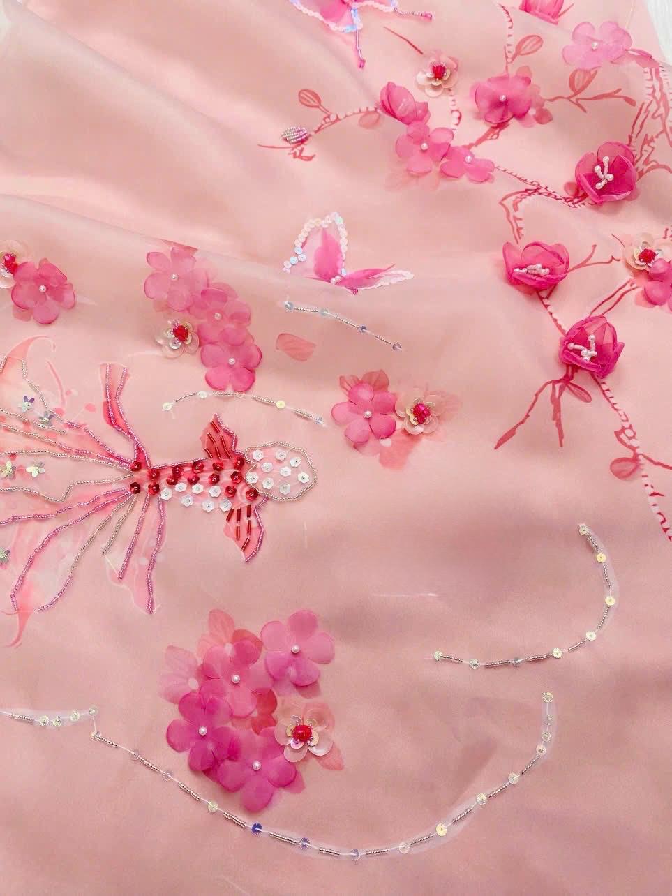 YenXuan Vietnamese ao dai butterfly beaded pink, pants included