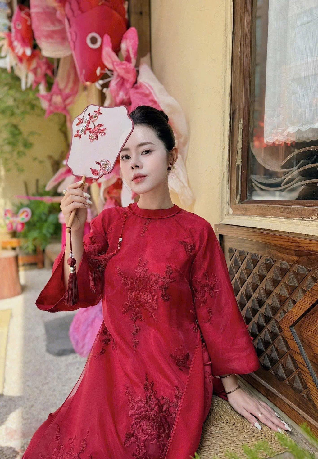 Vietnamese ao dai LinkLan red embroidered floral design aodai, brooch and pants included