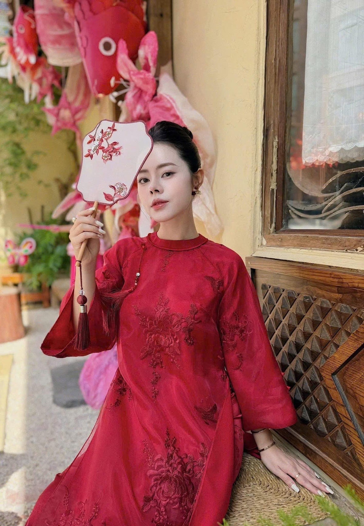 Vietnamese ao dai LinkLan red embroidered floral design aodai, brooch and pants included